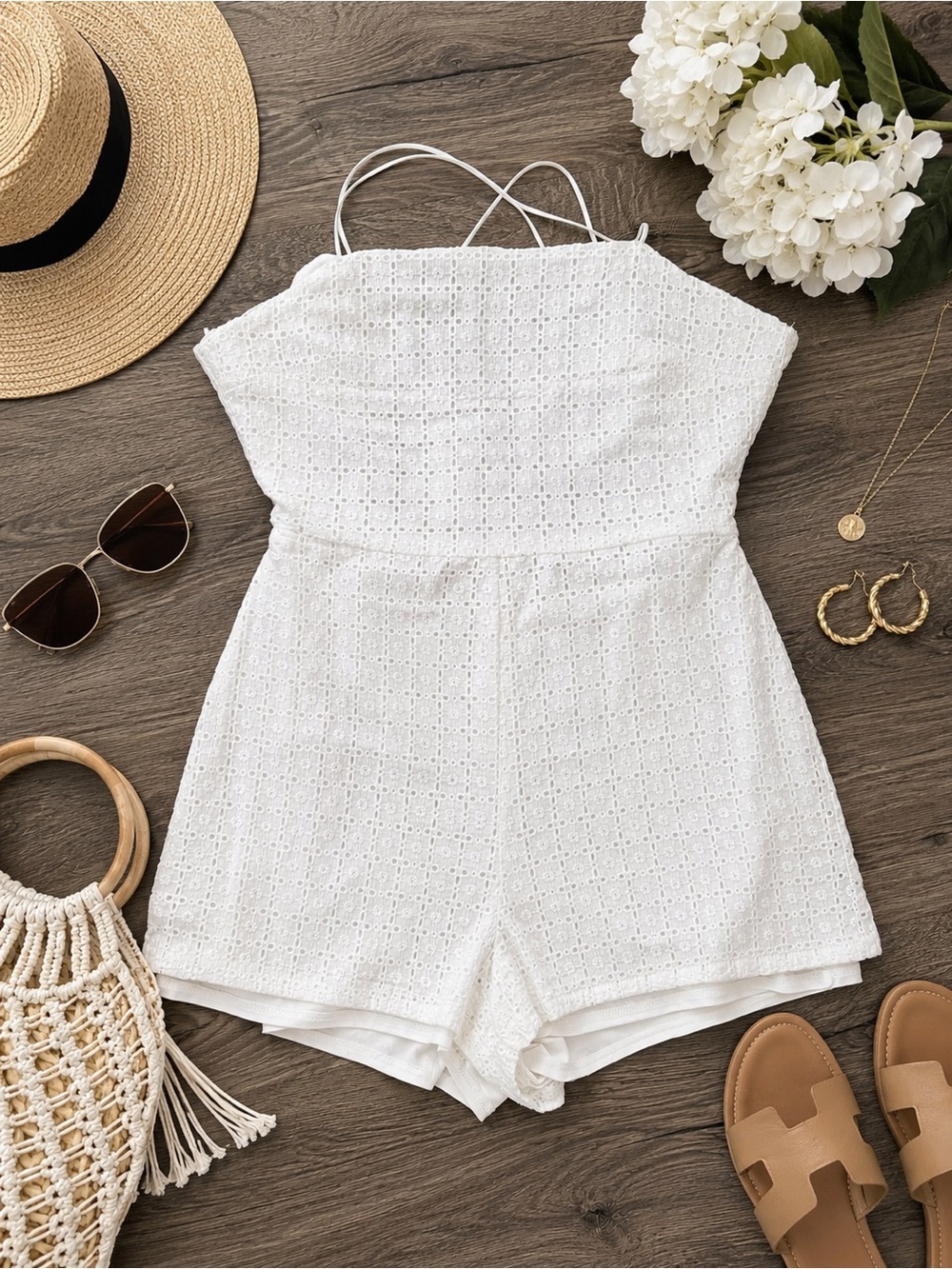 If By Sea Los Angeles White Eyelet Lace back Cutout Halter Romper XL